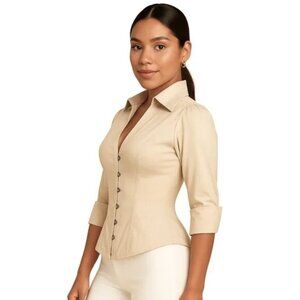 Womens Beige Button-Front Fitted Blouse